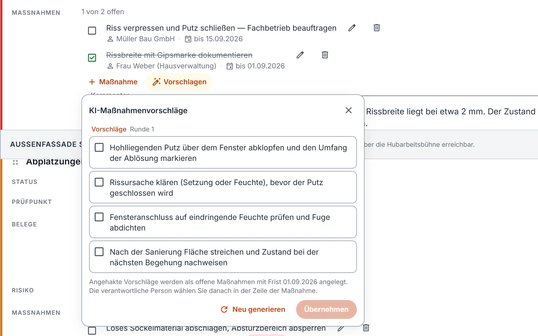 Dialog „KI-Maßnahmenvorschläge“ an einer Feststellung mit vier Vorschlägen zum Ankreuzen