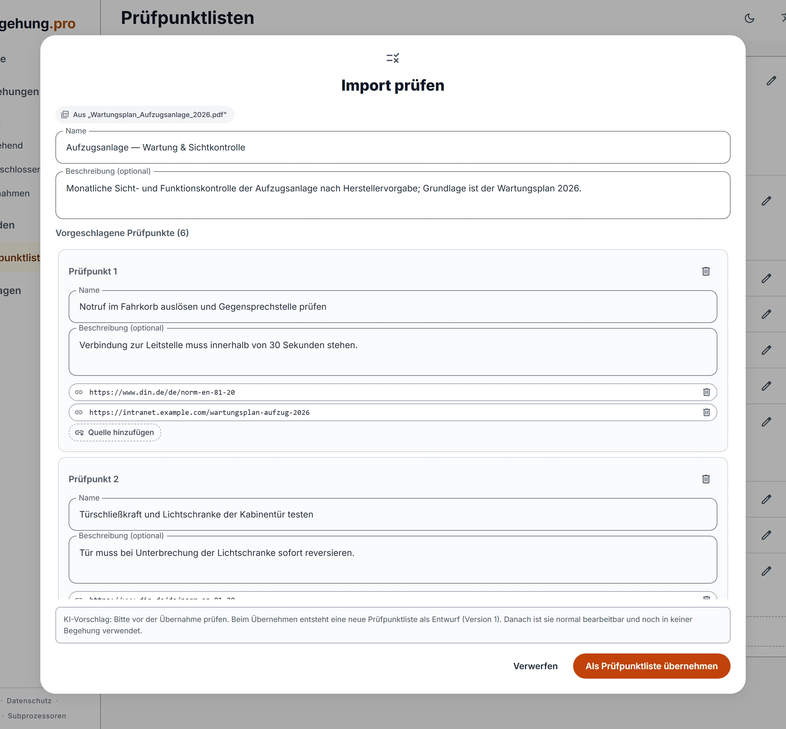 Dialog „Import prüfen“ mit den Prüfpunkten, die die KI aus einer PDF vorschlägt