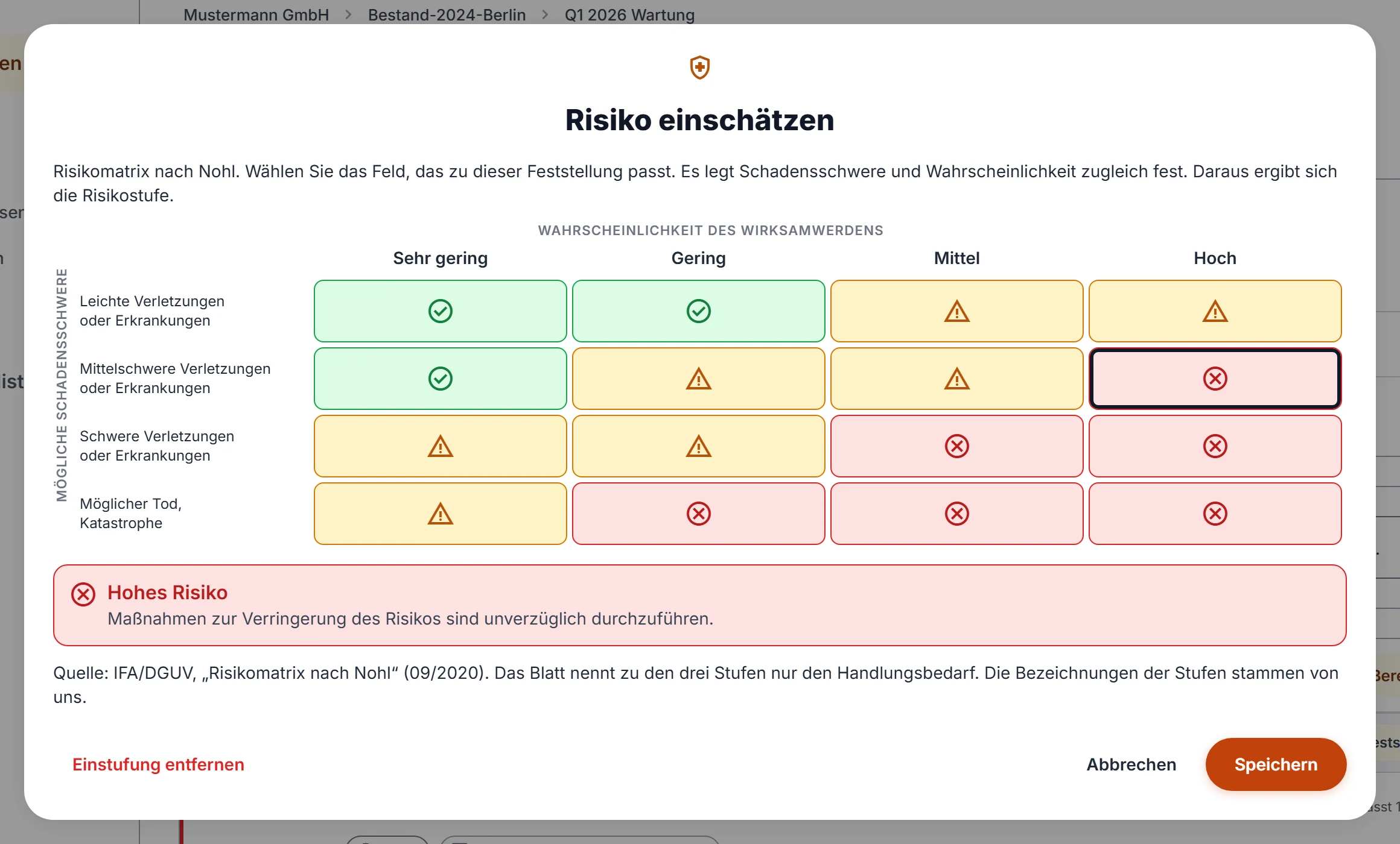 Dialog „Risiko einschätzen“ mit der Risikomatrix nach Nohl, gewählt ist „Hohes Risiko“