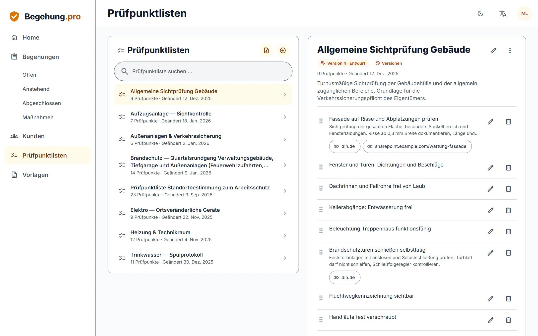 Prüfpunktliste „Allgemeine Sichtprüfung Gebäude“ mit Prüfpunkten und Links zur Quelle, daneben die Übersicht der Listen