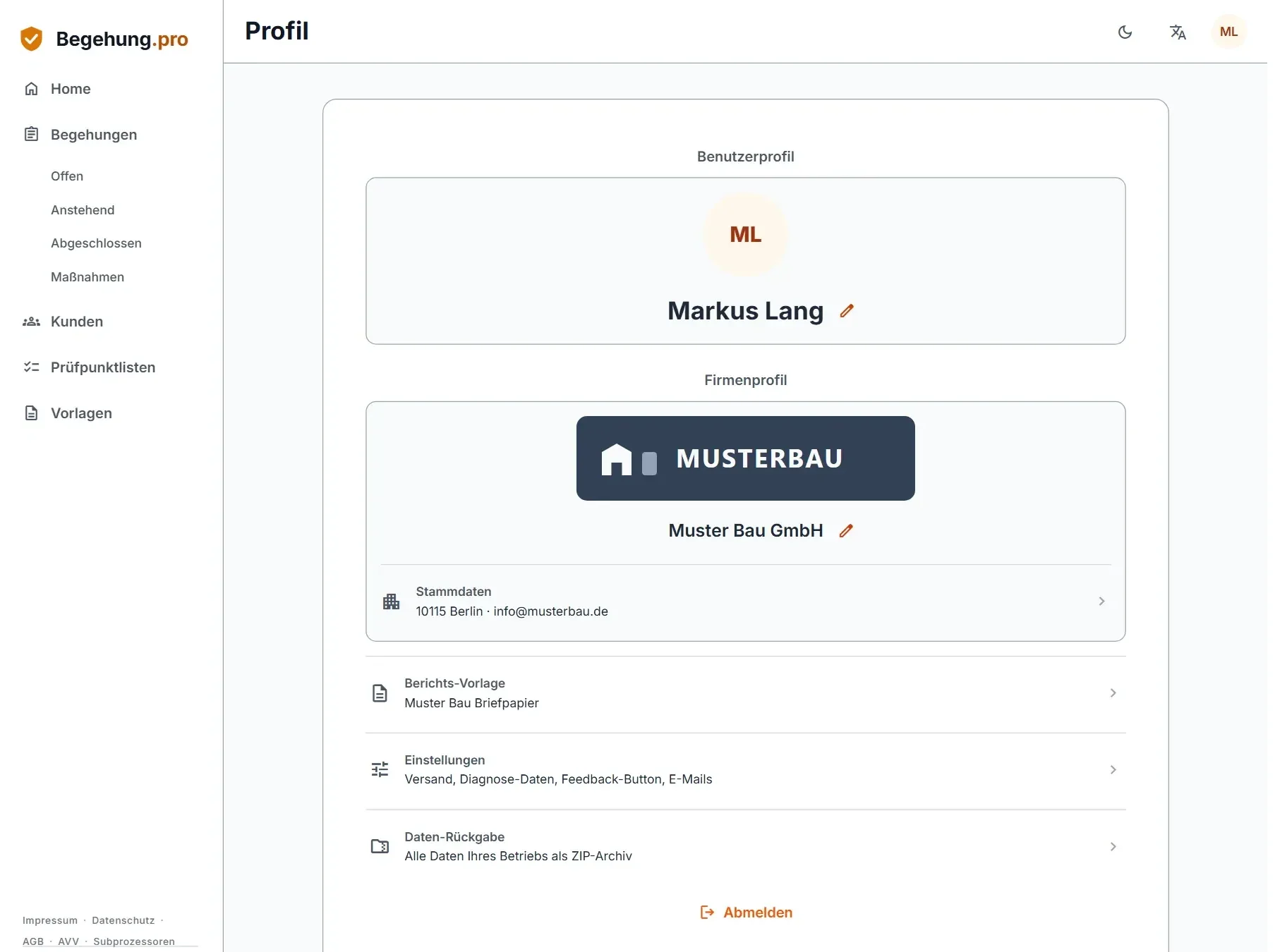 Firmenprofil mit Logo, Firmenname „Muster Bau GmbH“ und Stammdaten