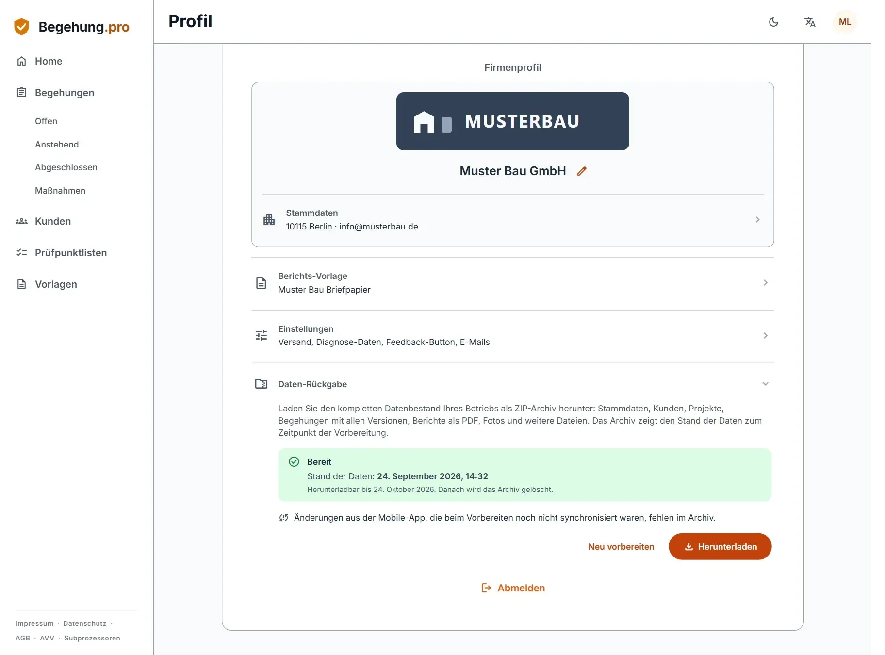 Daten-Rückgabe im Profil: ZIP-Archiv mit allen Daten der Firma, Status „Bereit“ und Knopf zum Herunterladen