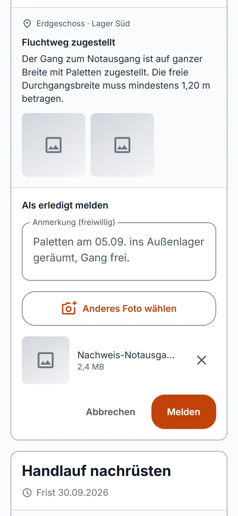Seite „Ihre Maßnahmen“ auf dem Smartphone: Erledigt-Meldung mit Anmerkung und Foto als Nachweis