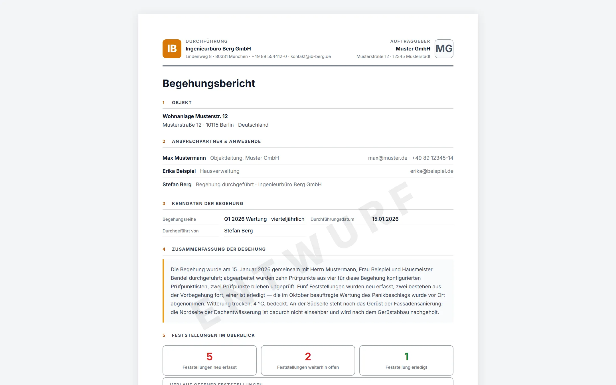 Berichtsentwurf mit Deckblatt: Objekt, Ansprechpartner, Kenndaten und Zusammenfassung der Begehung