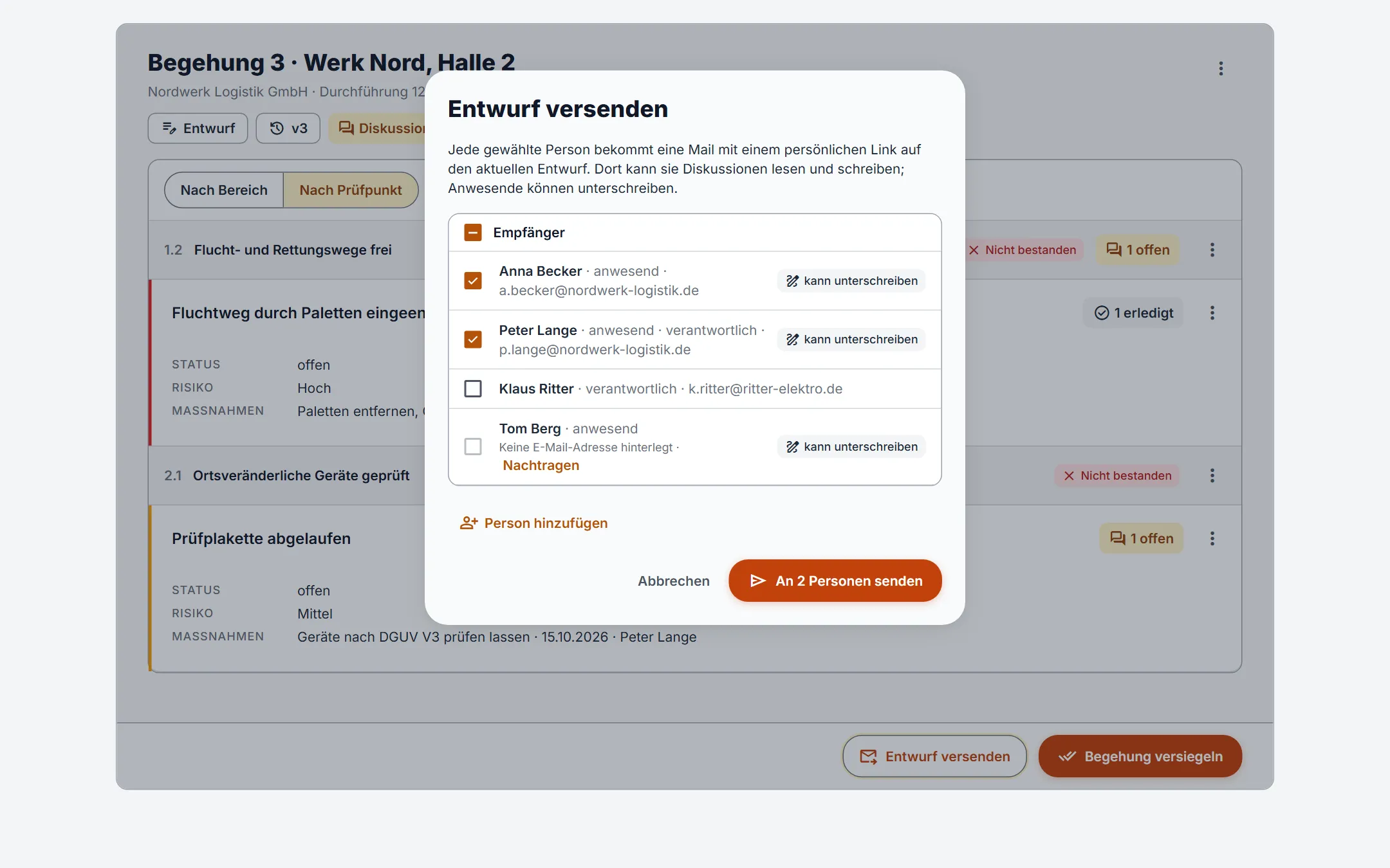 Dialog „Entwurf versenden“: Sie wählen die Empfänger, jeder bekommt einen persönlichen Link per Mail