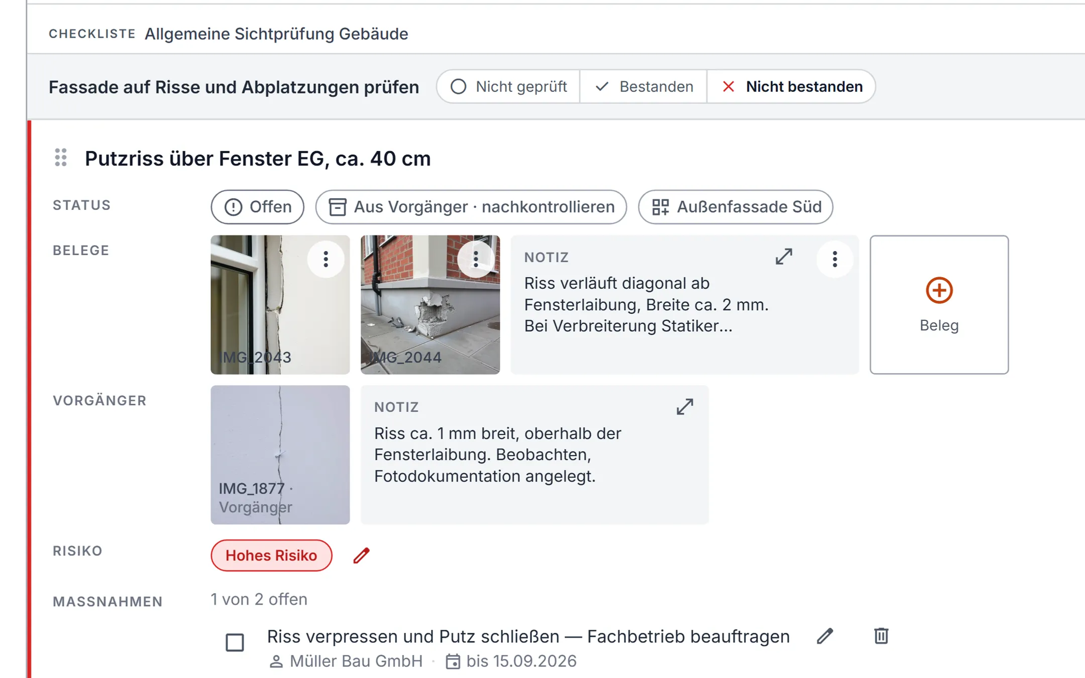 Aktuelle Belege einer Feststellung neben Foto und Notiz aus der vorigen Begehung
