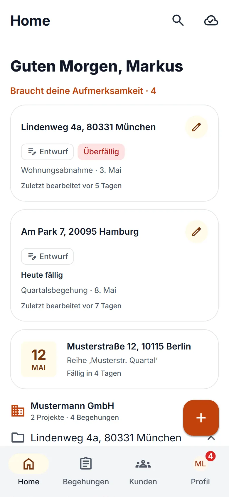 Startseite der Mobile-App mit überfälligem Entwurf, heute fälliger Begehung und dem nächsten Termin