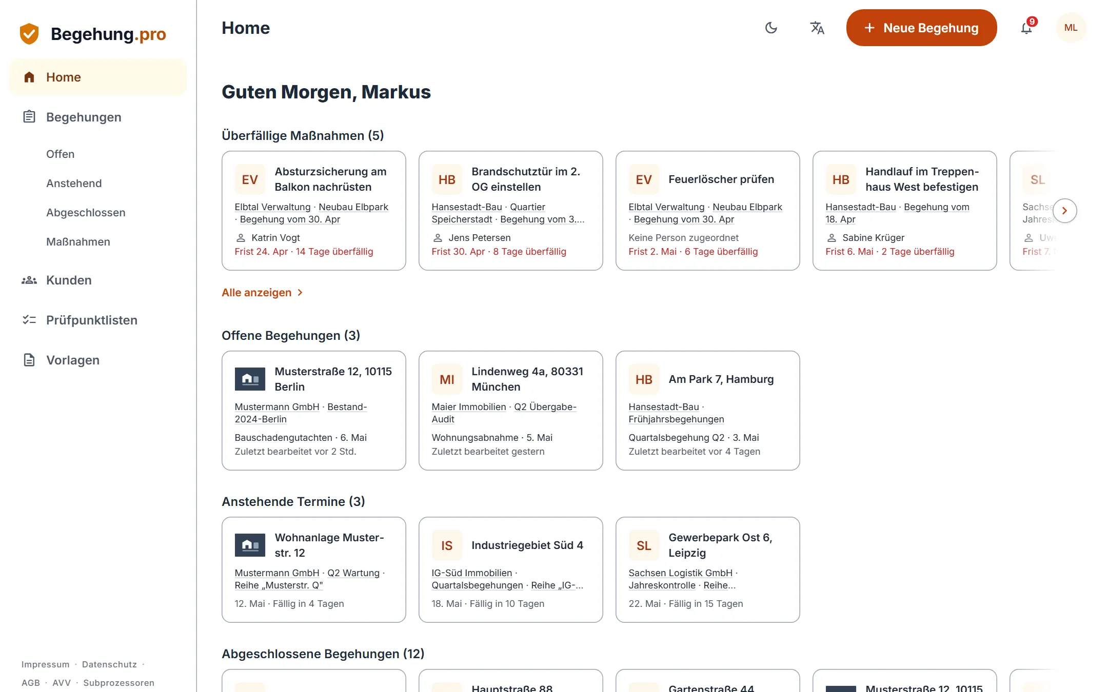 Startseite der Web-App mit überfälligen Maßnahmen, offenen Begehungen und anstehenden Terminen