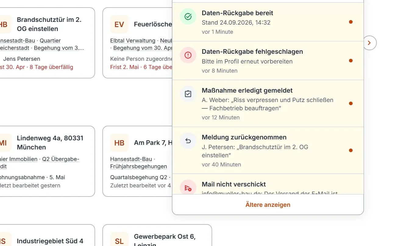 Benachrichtigungen: eine Maßnahme als erledigt gemeldet, eine Erledigt-Meldung zurückgenommen