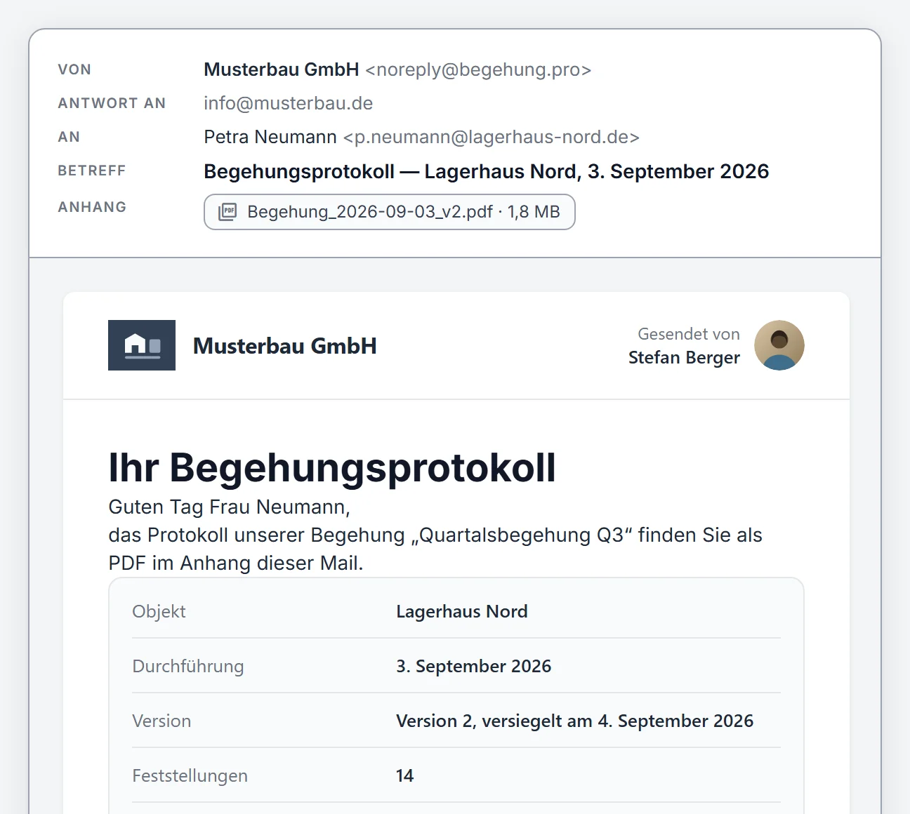 E-Mail „Ihr Begehungsprotokoll“ mit Firmenlogo, PDF im Anhang und den Eckdaten der Begehung