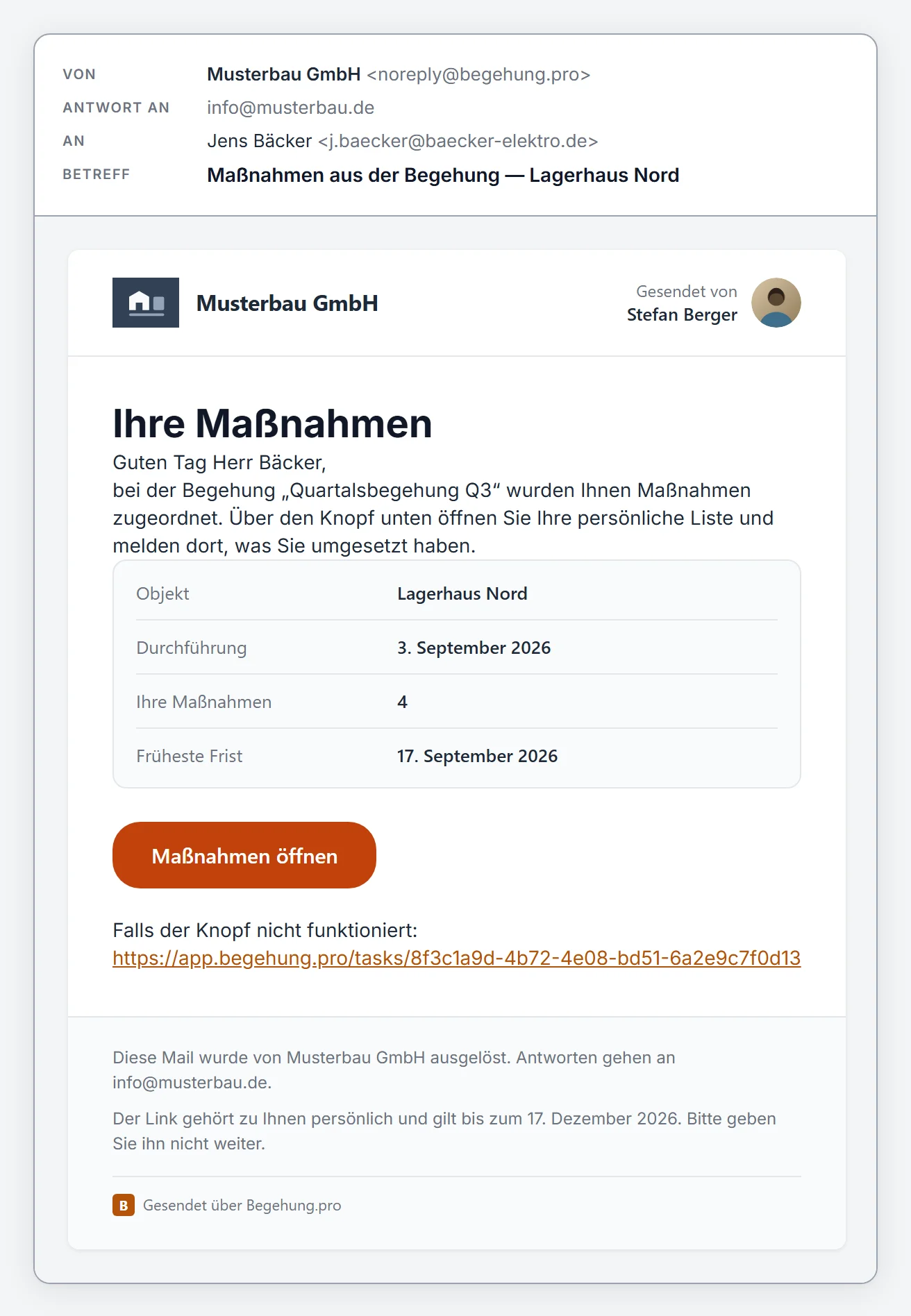 E-Mail „Ihre Maßnahmen“ mit Anzahl, frühester Frist und dem Knopf zum persönlichen Link