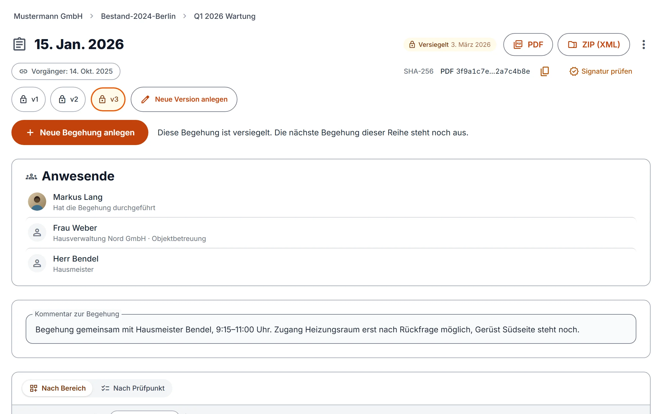 Versiegelte Begehung mit den Versionen v1 bis v3 und dem Knopf „Neue Version anlegen“