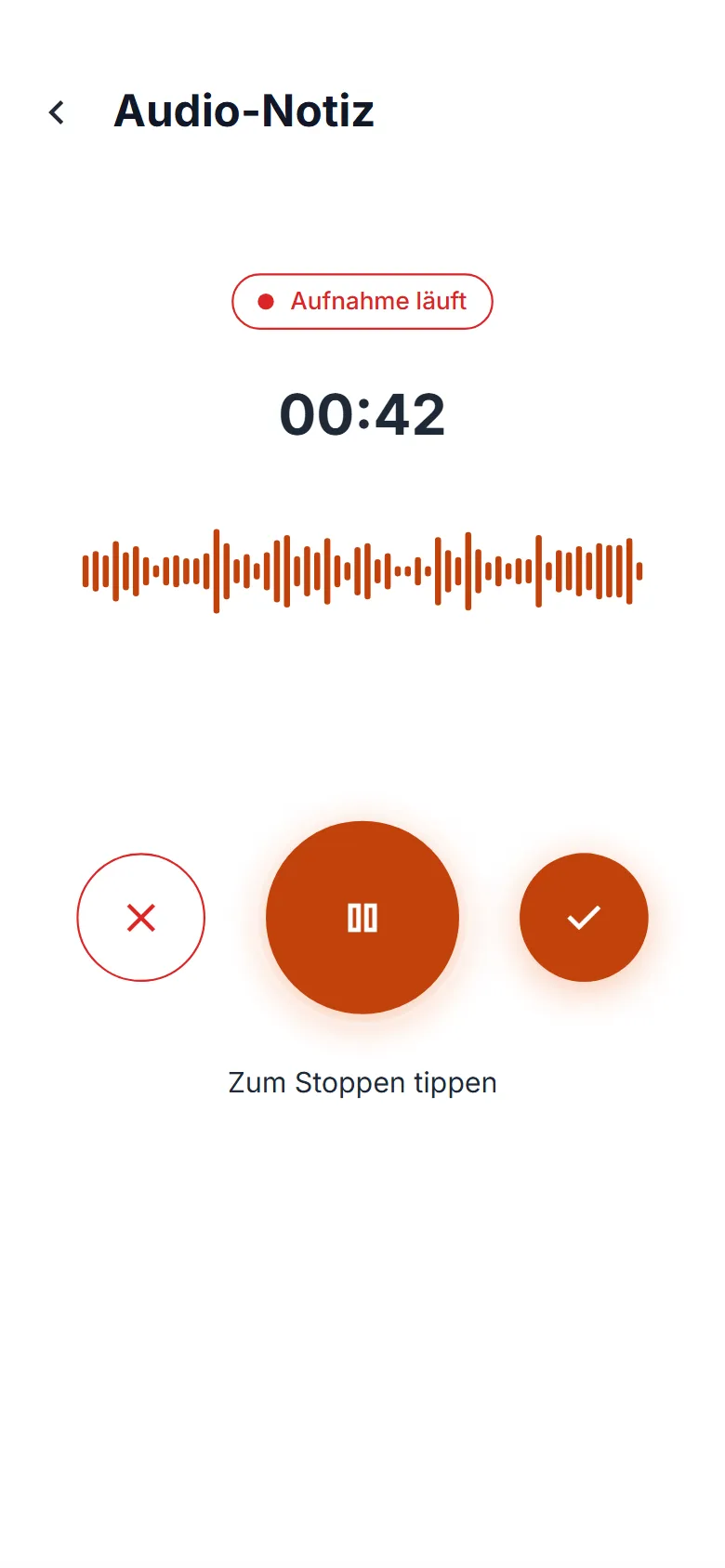 Sprachnotiz in der App während der Aufnahme, mit Zeit, Pegel und Knöpfen für Pause und Speichern